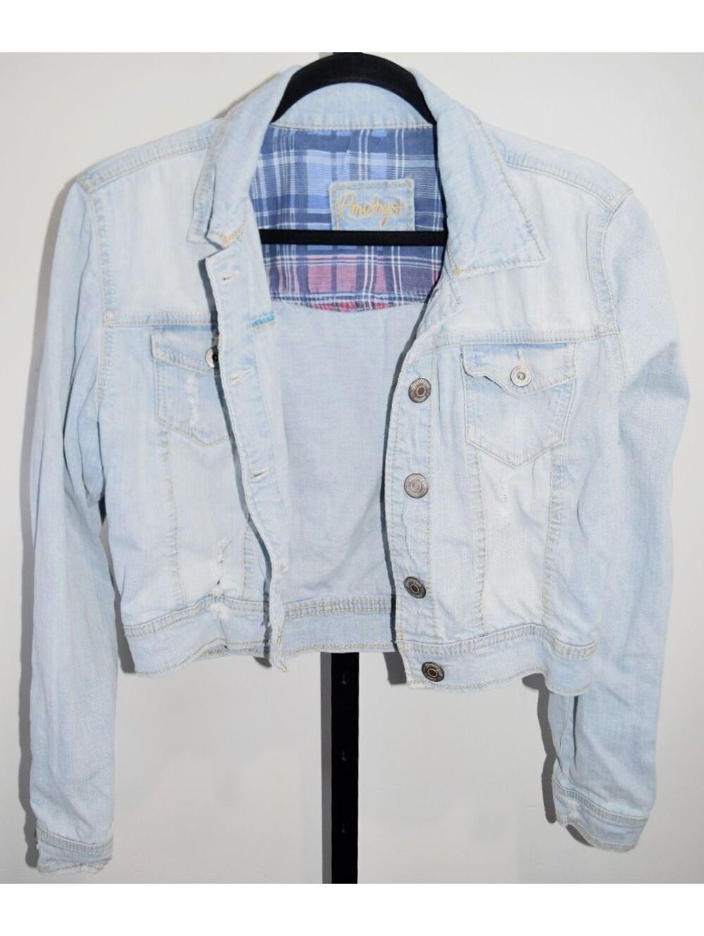 Amethyst Cropped Distressed Light Wash Denim Jacket Plaid Lined Collar Size M